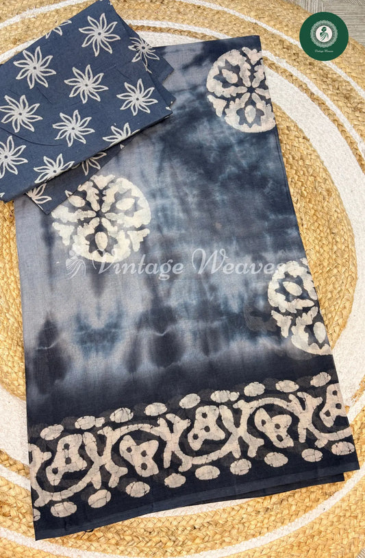 Daily wear Cotton Saree Circle Print- Blue