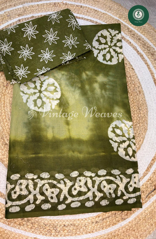 Daily wear Cotton Saree Circle Print- Green
