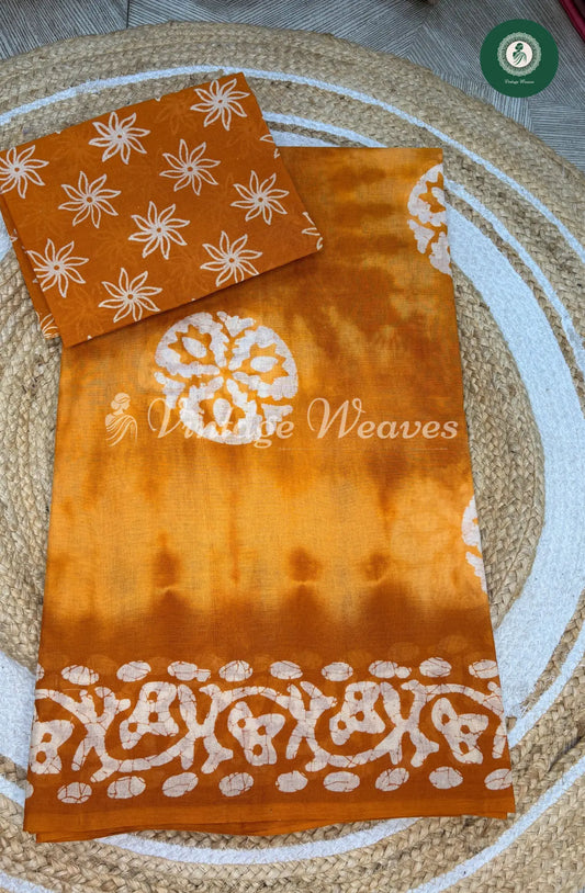 Daily wear Cotton Saree Circle Print-Yellow