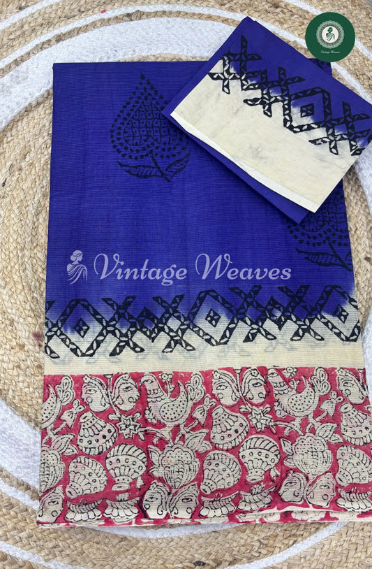 Dailywear Cotton Saree Kalamkari Border-Blue with Red