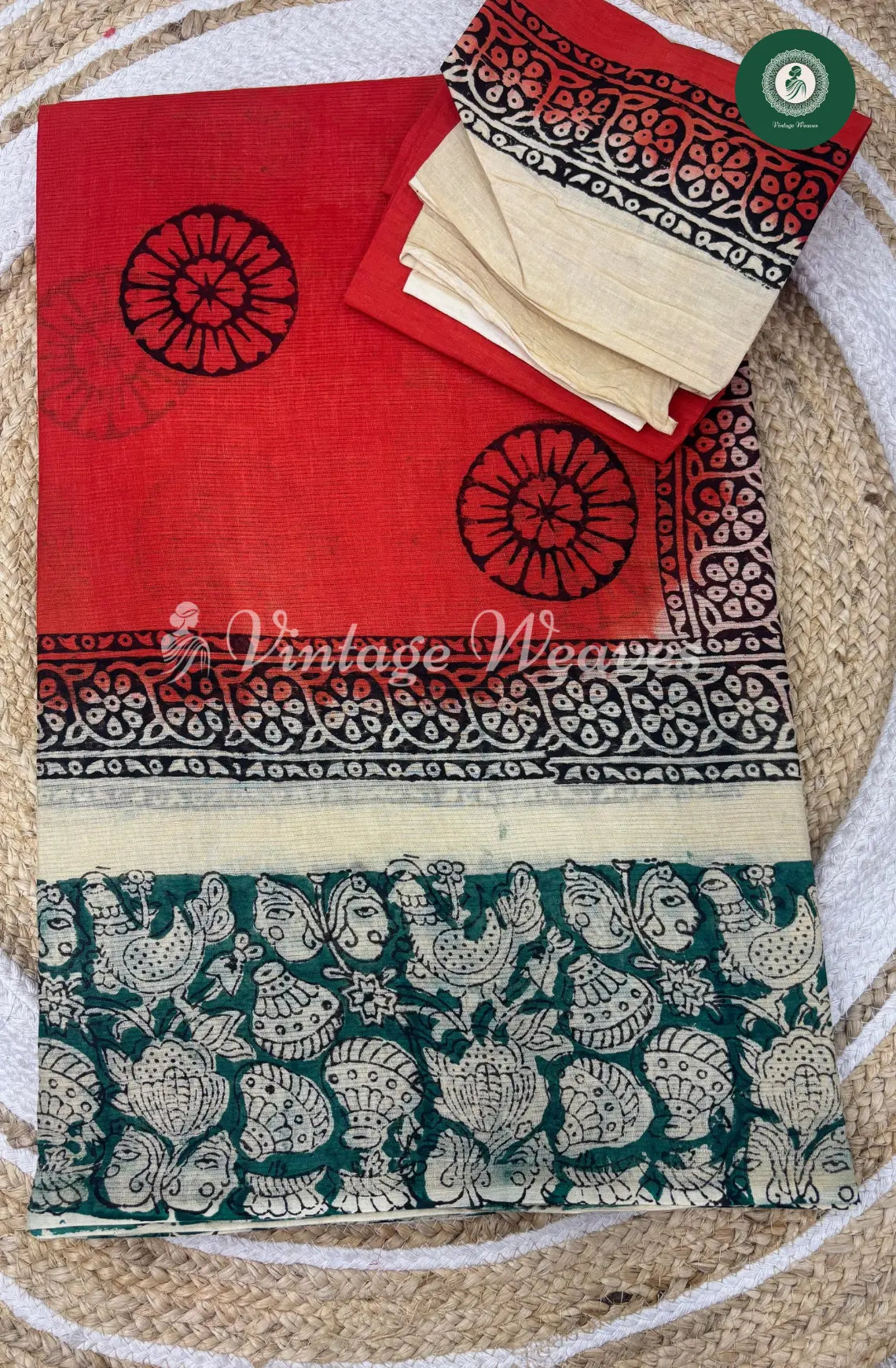 Dailywear Cotton Saree Kalamkari Border-Orange with Green