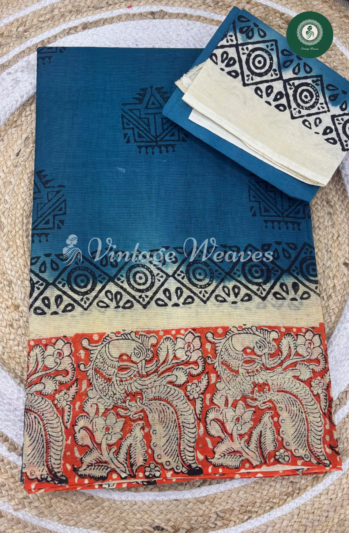 Dailywear Cotton Saree Kalamkari Border-TealBlue with Orange