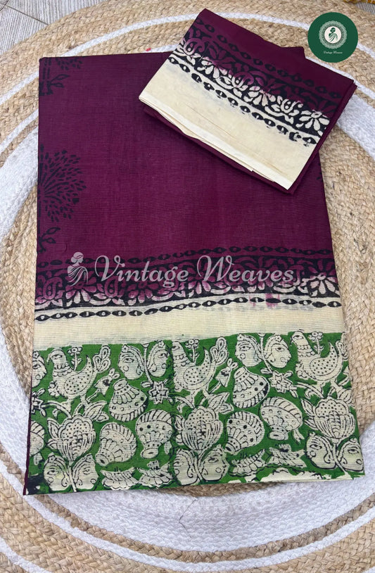 Dailywear Cotton Saree Kalamkari Border-Wine with Green