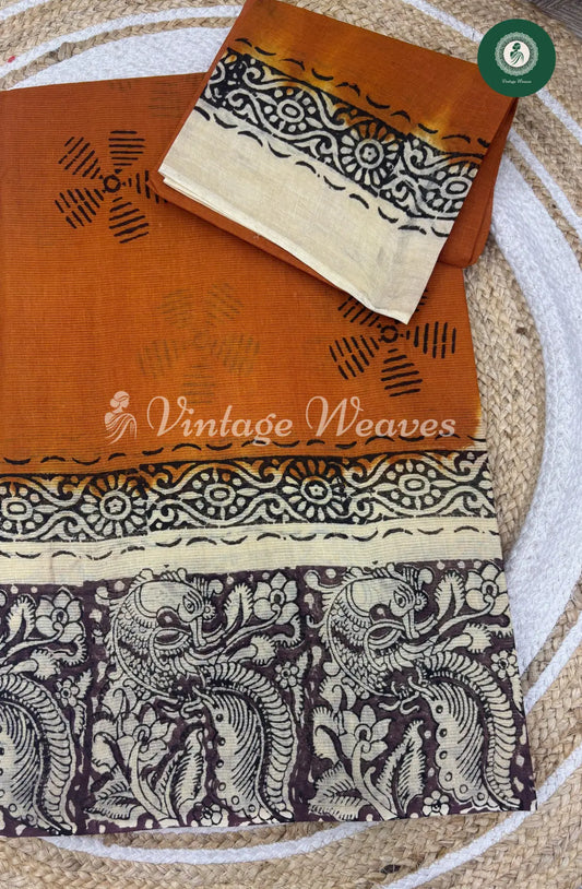 Dailywear Cotton Saree Kalamkari Border-Yellow with Black