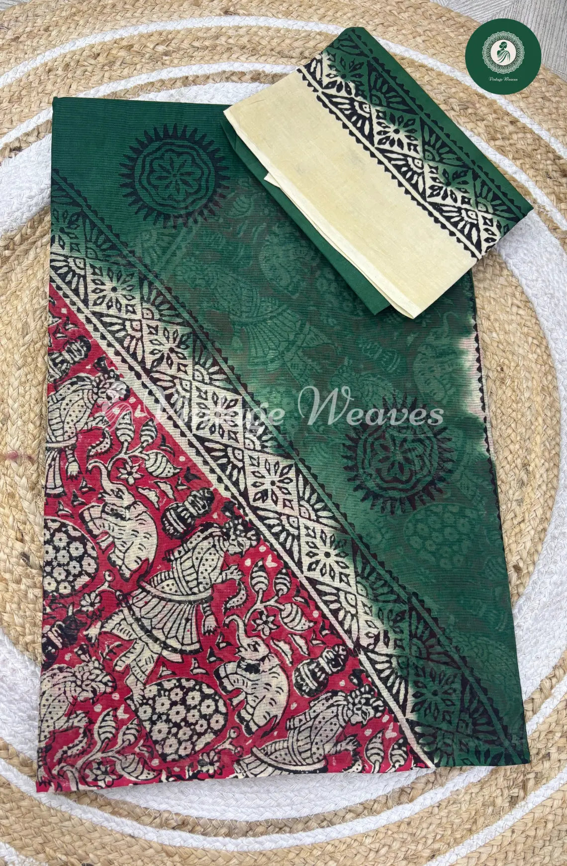 Dailywear Cotton Saree Kalamkari Print-Green with Red