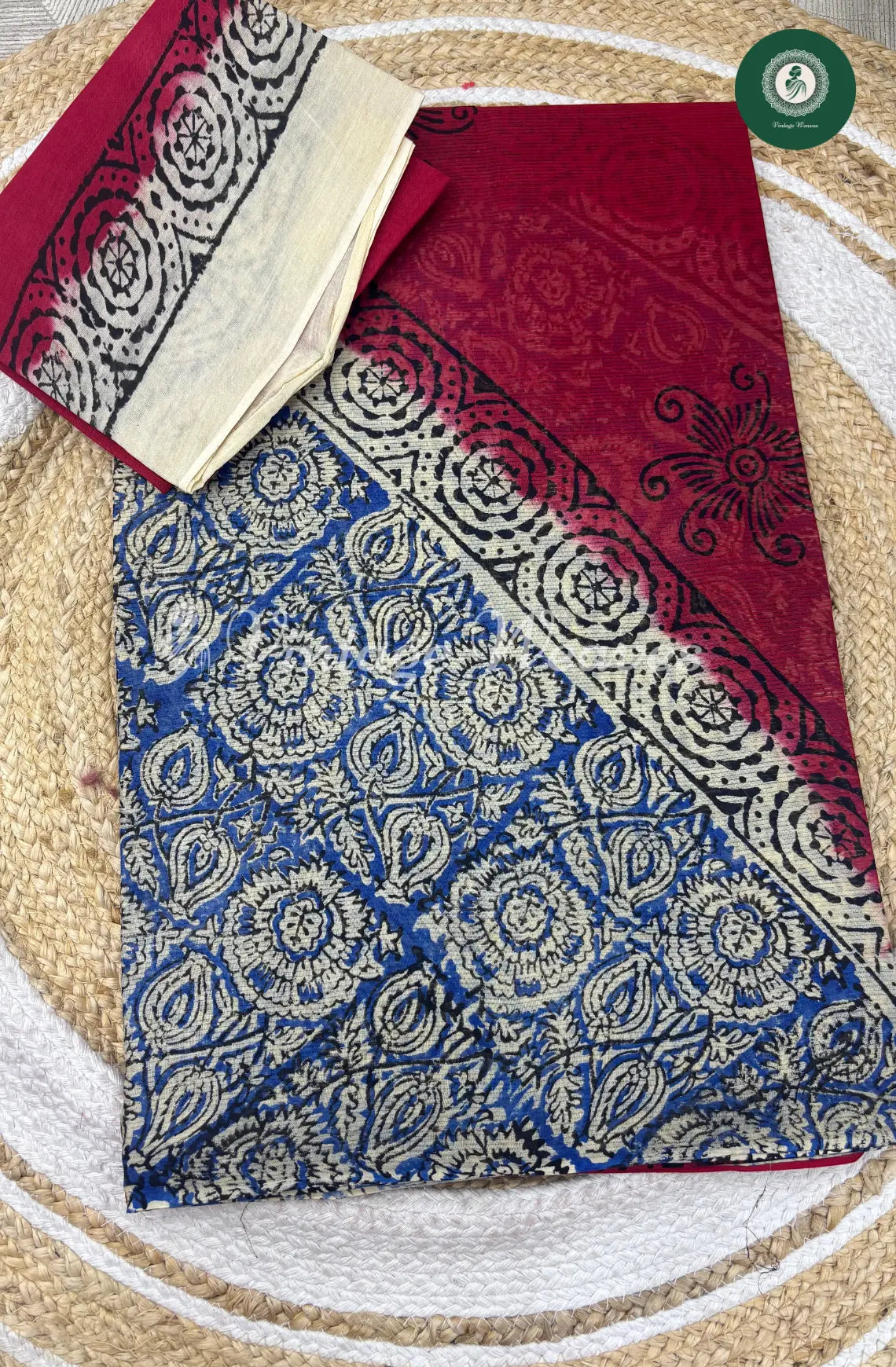 Dailywear Cotton Saree Kalamkari Print-Red with Blue