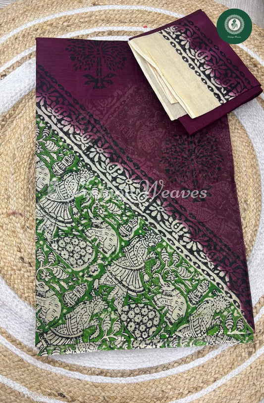 Dailywear Cotton Saree Kalamkari Print-Wine with Green