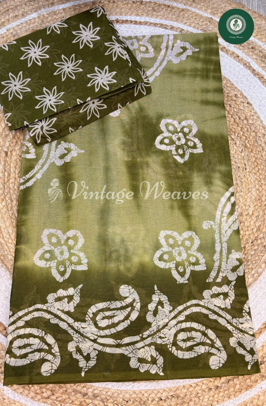 Daily wear Cotton Saree Leaf Print-Green