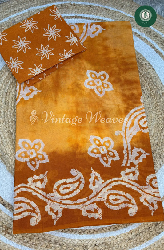 Daily wear Cotton Saree Leaf Print-Yellow