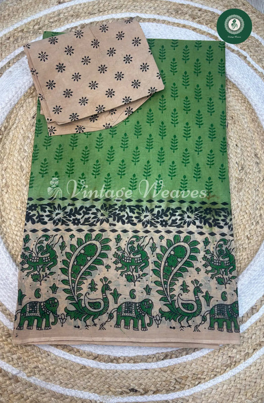 Dailywear Cotton Saree Mango Border-Green with Skin
