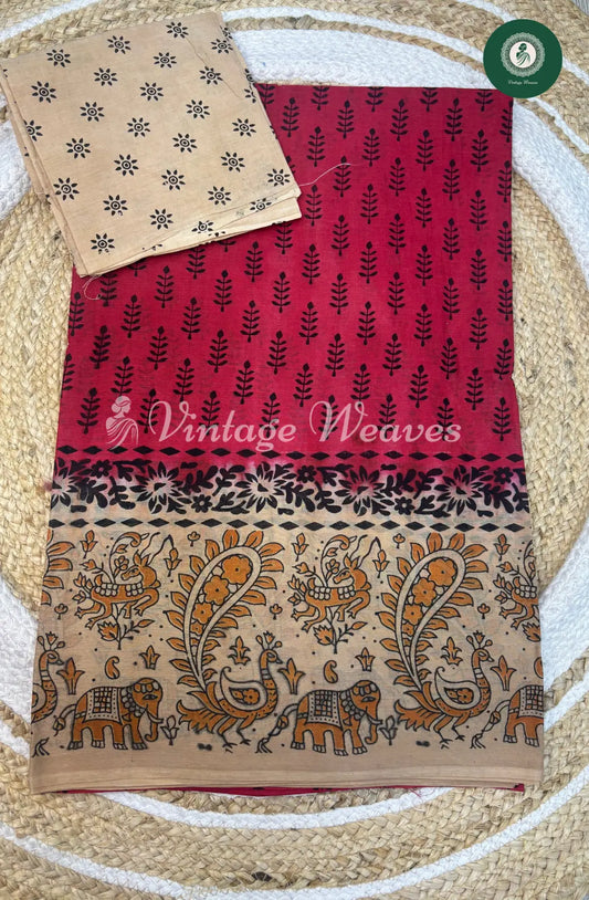 Dailywear Cotton Saree Mango Border-Red with Skin