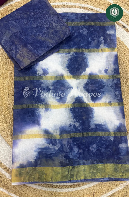 Dailywear Cotton Saree Marble Print-Blue