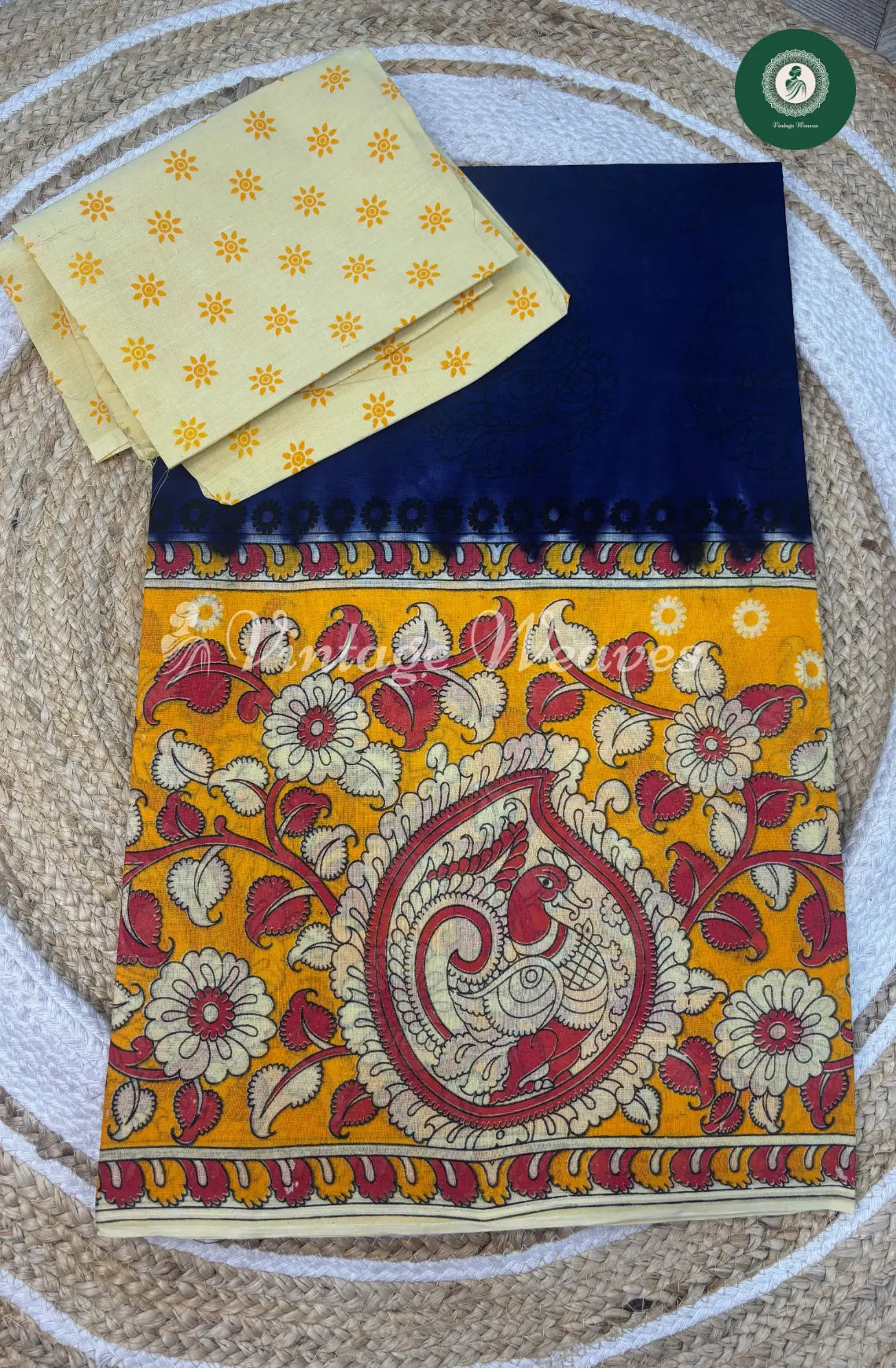 Dailywear Cotton Saree Peacock Border-Blue with Yellow