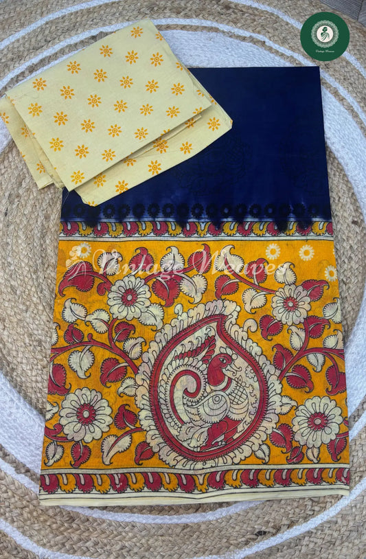 Dailywear Cotton Saree Peacock Border-Blue with Yellow