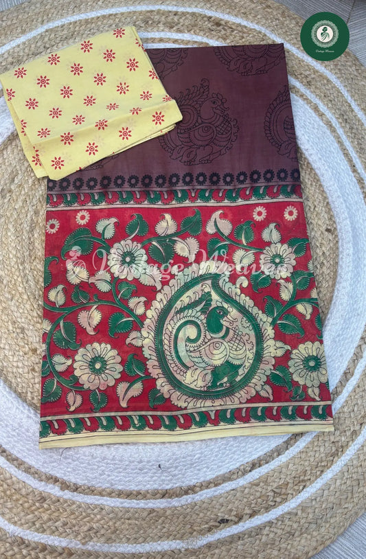 Dailywear Cotton Saree Peacock Border-Brown with Red