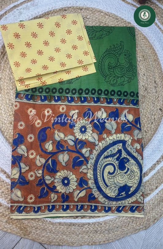 Dailywear Cotton Saree Peacock Border-Green with Brown