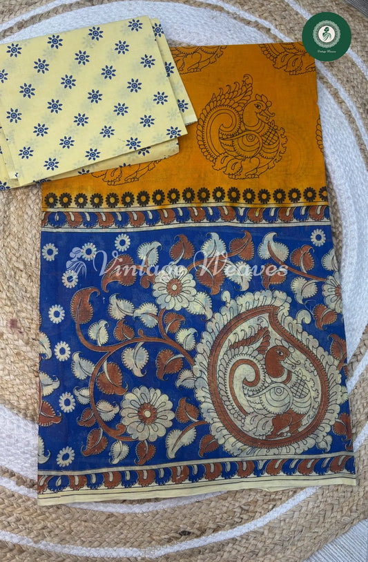 Dailywear Cotton Saree Peacock Border-Yellow with Blue