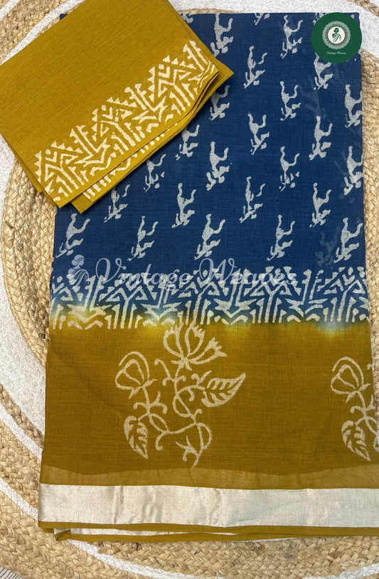 Dailywear Cotton Saree Varli Print-Blue1