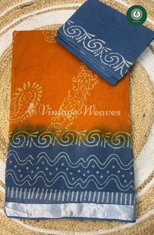 Dailywear Cotton Saree Varli Print- Orange