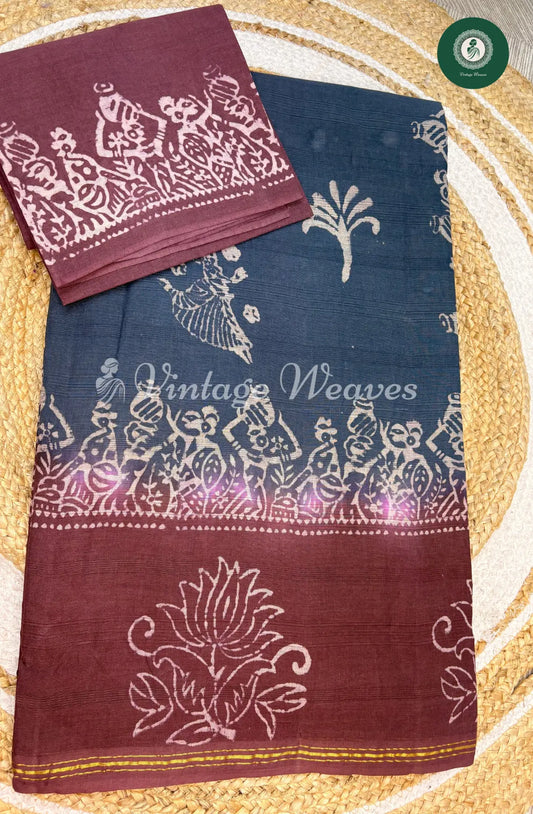 Dailywear Cotton Saree Varli print- Blue