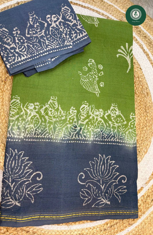 Dailywear Cotton Saree Varli print- Green