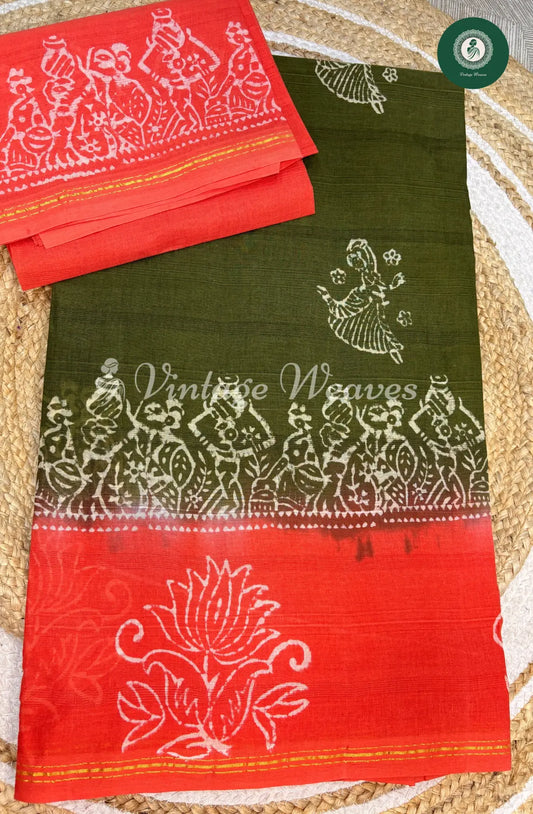 Dailywear Cotton Saree Varli print- Green1