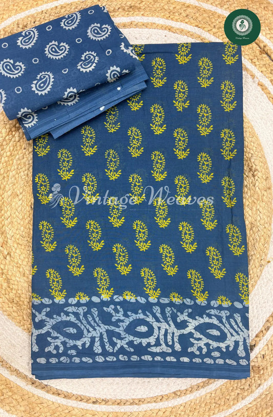 Dailywear Cotton Saree With Mango Print-Blue