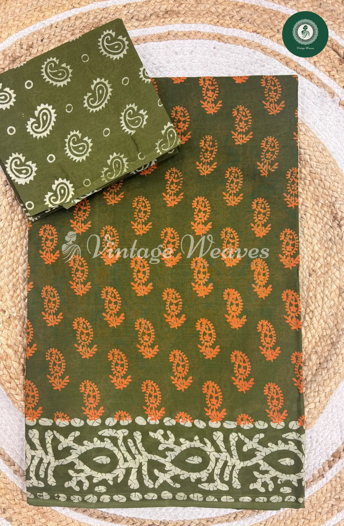 Dailywear Cotton Saree With Mango Print-DarkGreen