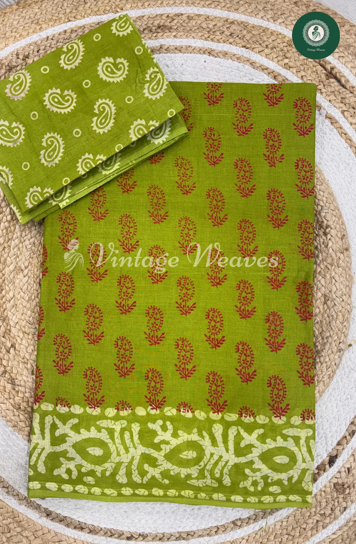 Dailywear Cotton Saree With Mango Print-Green