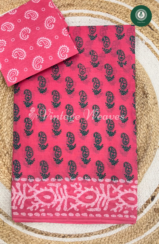 Dailywear Cotton Saree With Mango Print-Pink