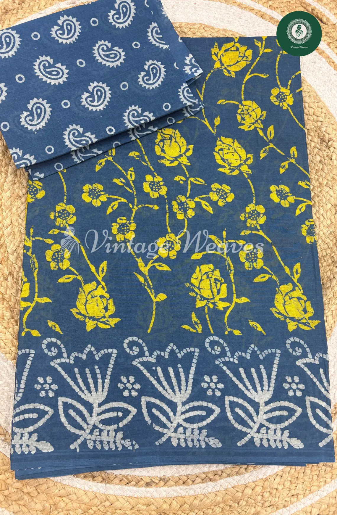 Dailywear Cotton Saree With Rose Print-Blue