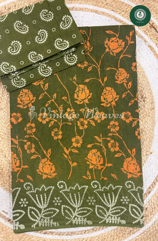 Dailywear Cotton Saree With Rose Print-DarkGreen
