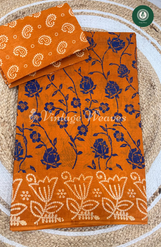 Dailywear Cotton Saree With Rose Print-MustardYellow