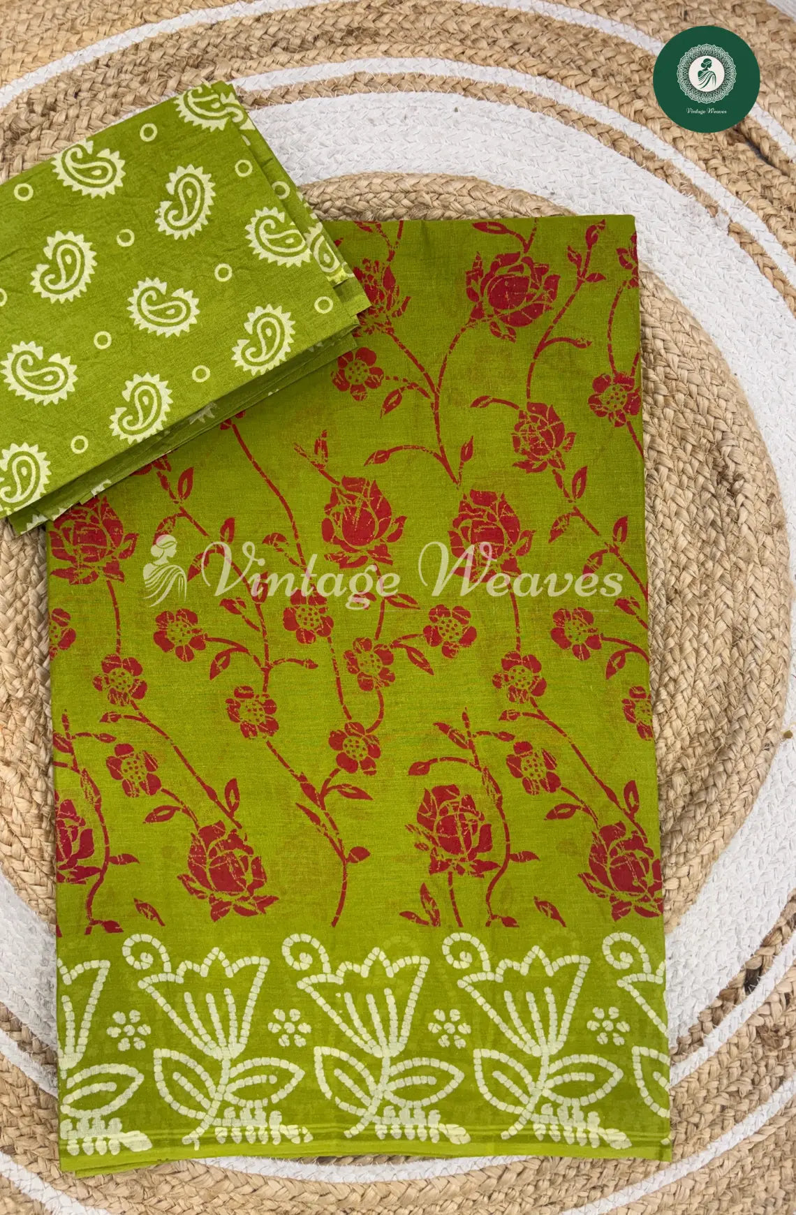 Dailywear Cotton Saree With Rose Print-ParrotGreen