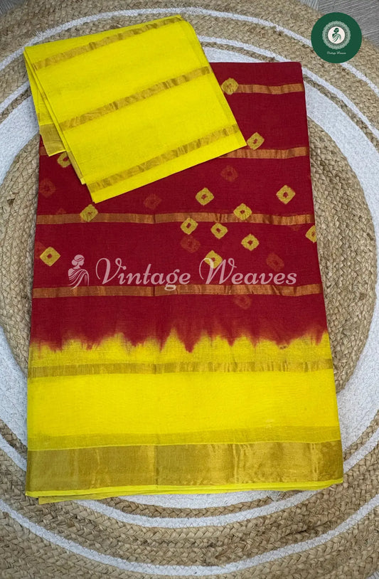 Dailywear Cotton Sarees with Allover Butta-Red with Yellow
