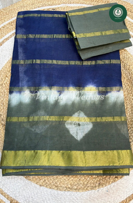 Dailywear Cotton Saree with Bandhini Border-Blue with Grey