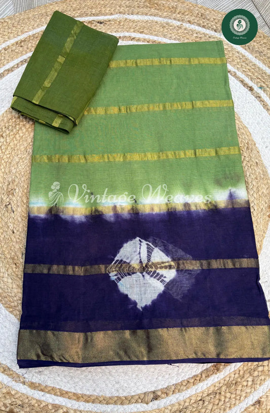 Dailywear Cotton Saree with Bandhini Border-Green with Blue
