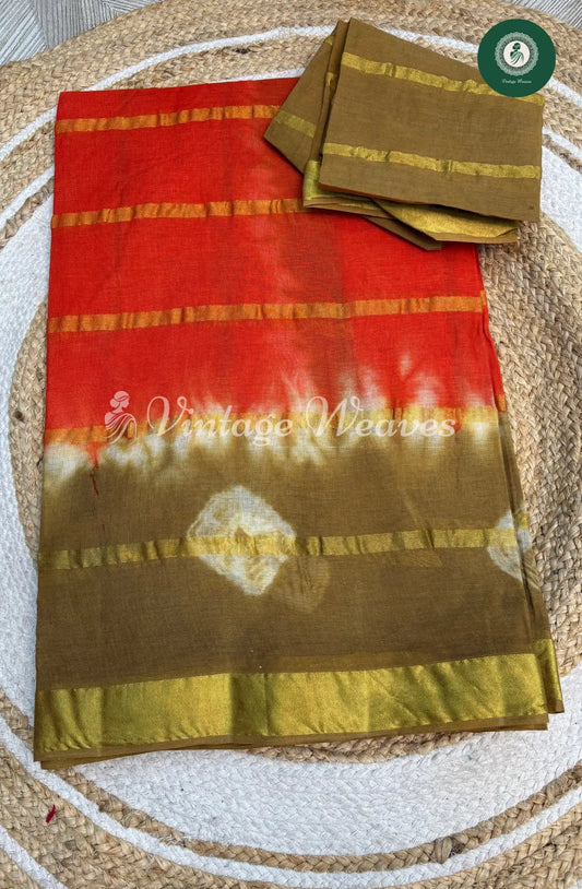 Dailywear CottonSaree with Bandhini Border-Orange with Green
