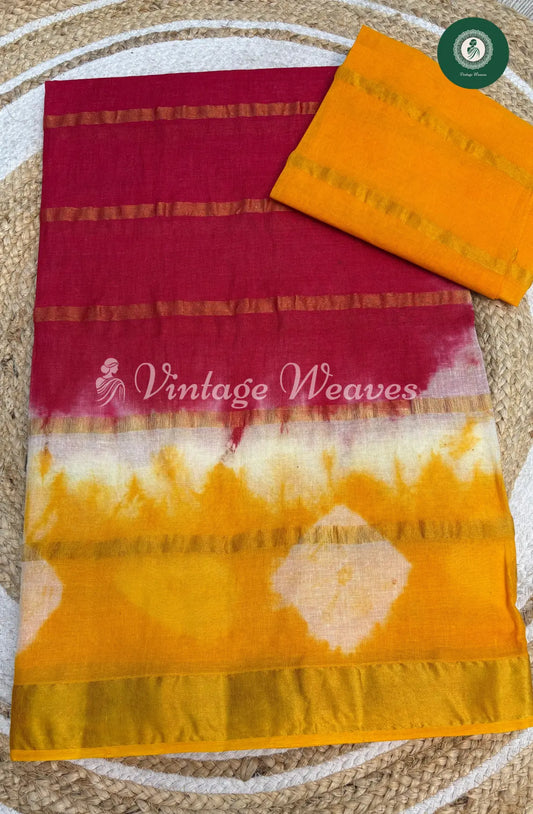 Dailywear Cotton Saree with Bandhini Border-Red with Yellow