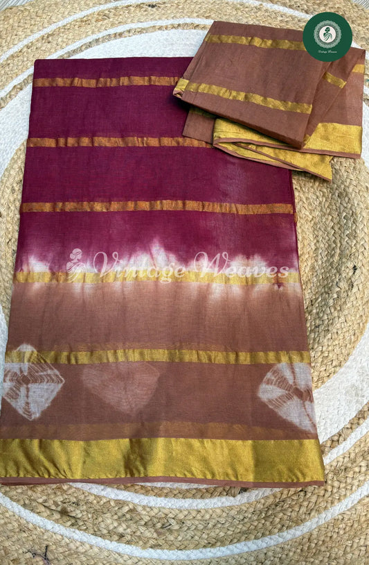 Dailywear Cotton Saree with Bandhini Border-Wine with Skin