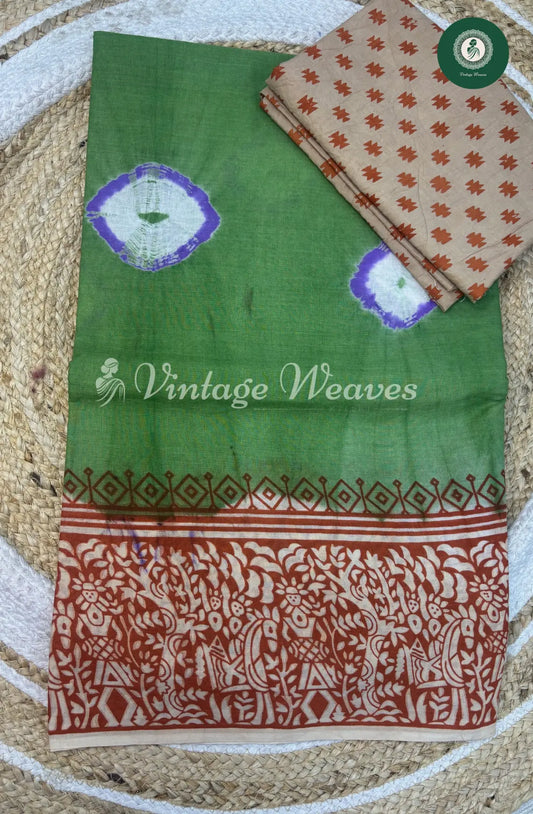 Dailywear Cotton Saree with Printed Border-Green