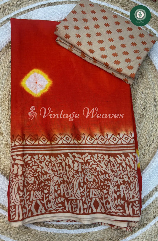 Dailywear Cotton Saree with Printed Border-Orange