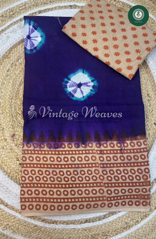 Dailywear Cotton Saree with Printed Circle Border-Blue