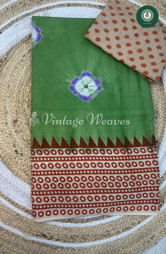 Dailywear Cotton Saree with Printed Circle Border-Green