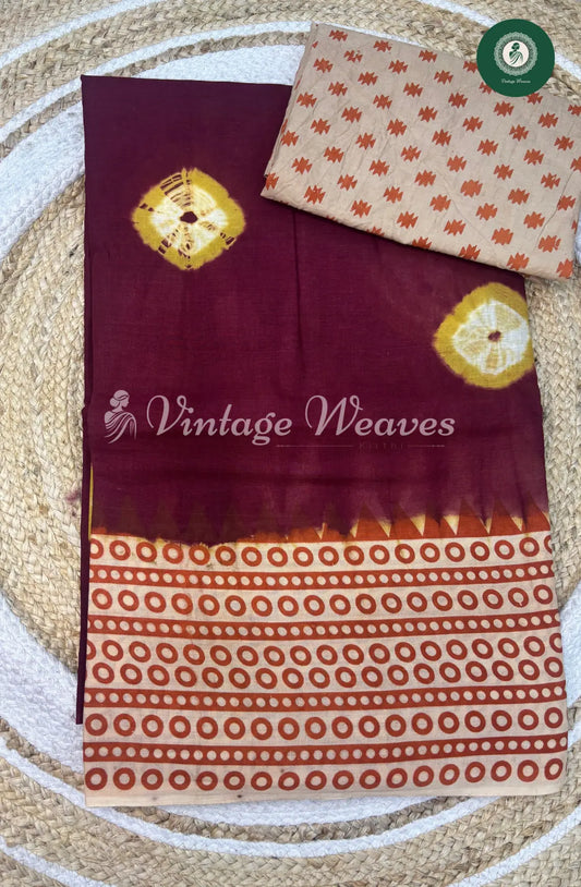 Dailywear Cotton Saree with Printed Circle Border-Maroon