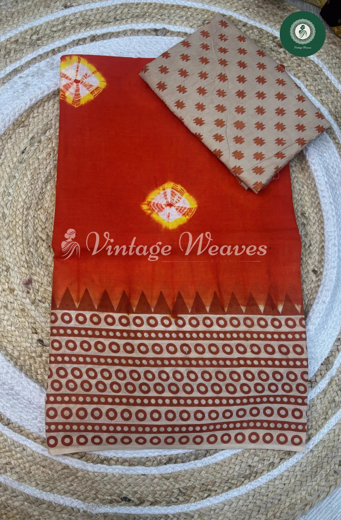 Dailywear Cotton Saree with Printed Circle Border-Orange