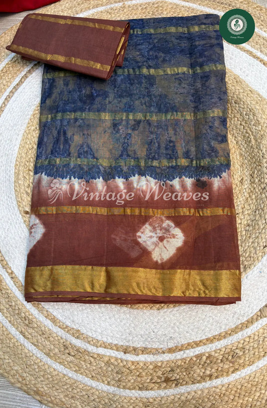 Dailywear Cotton Tieanddye Bandhini border-Blue with Brown