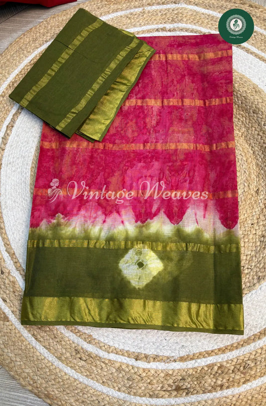 Dailywear Cotton Tieanddye Bandhini border-Pink with Green