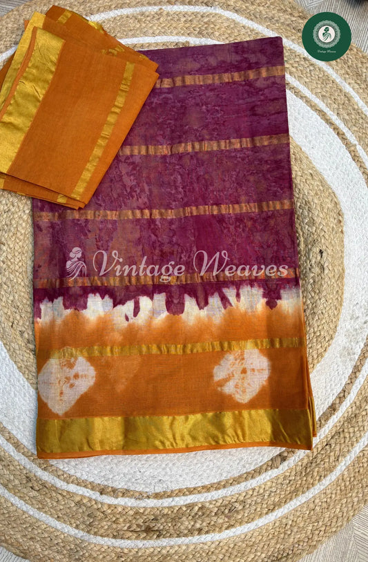 Dailywear Cotton Tieanddye Bandhini border- Wine with Yellow