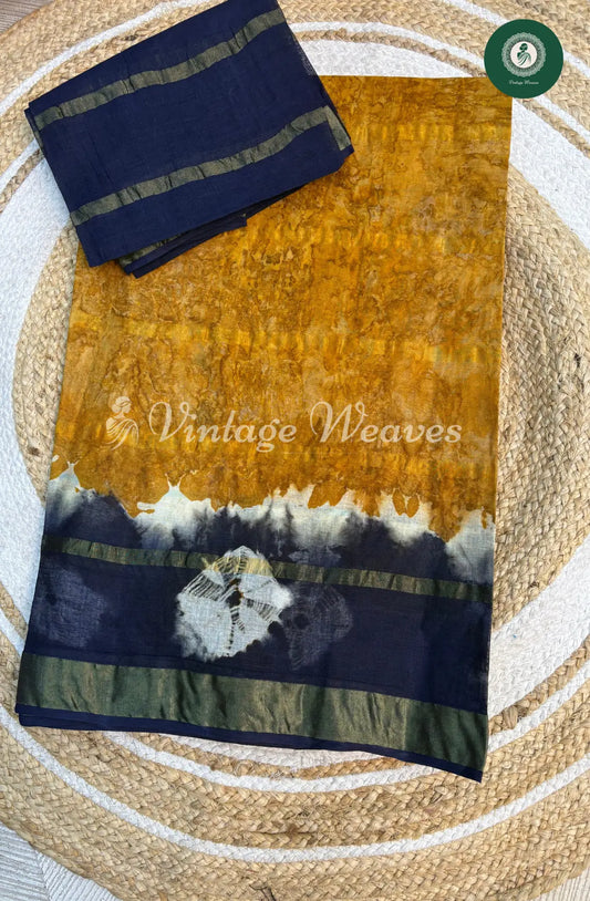 Dailywear Cotton Tieanddye Bandhini border-Yellow with Blue